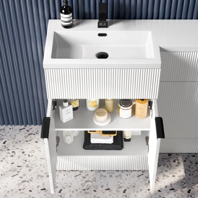 Havana Fluted Coastal White Basin Vanity and Back To Wall Toilet Unit 1100mm (Excludes Toilet) - Black Accents - Left Handed