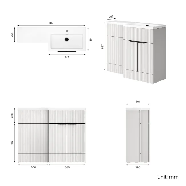 Havana Fluted Coastal White Basin Vanity and Back To Wall Toilet Unit 1100mm (Excludes Toilet) - Black Accents - Right Handed