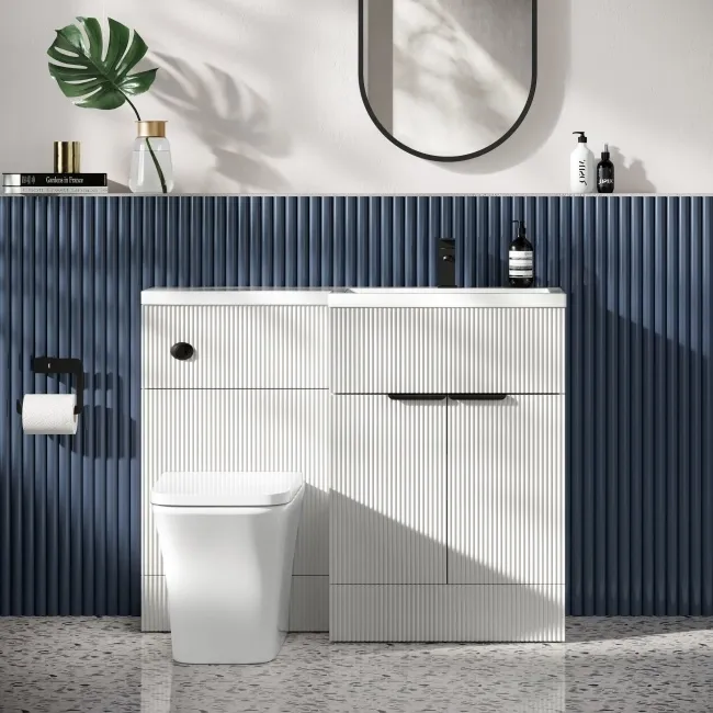Havana Fluted Coastal White Combination Vanity Basin and Houston Toilet 1100mm - Black Accents - Right Handed