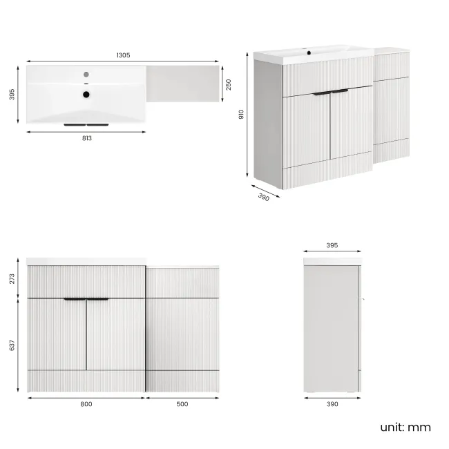 Havana Fluted Coastal White Basin Vanity and Back To Wall Toilet Unit 1300mm (Excludes Toilet) - Black Accents