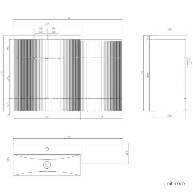 Havana Fluted Coastal White Basin Vanity and Back To Wall Toilet Unit 1300mm (Excludes Toilet) - Black Accents