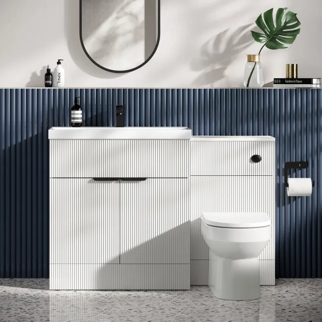Havana Fluted Coastal White Combination Vanity Basin and Miami Toilet 1300mm - Black Accents