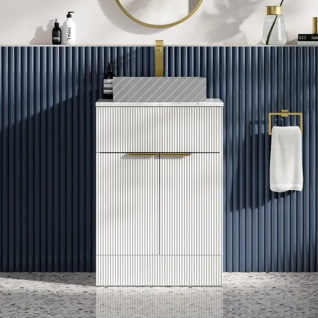 Havana Fluted Coastal White Cabinet with Marble Top 600mm (Excludes Counter Top Basin) - Brushed Brass Accents
