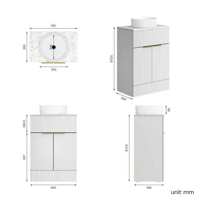 Havana Fluted Coastal White Cabinet with Marble Top & Nevis Basin 600mm - Brushed Brass Accents