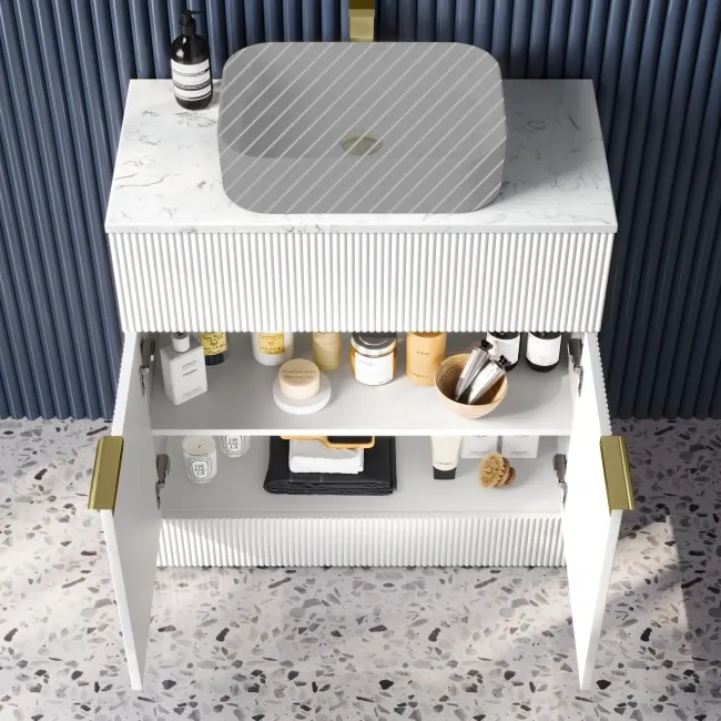 Havana Fluted Coastal White Cabinet with Marble Top 800mm (Excludes Counter Top Basin) - Brushed Brass Accents