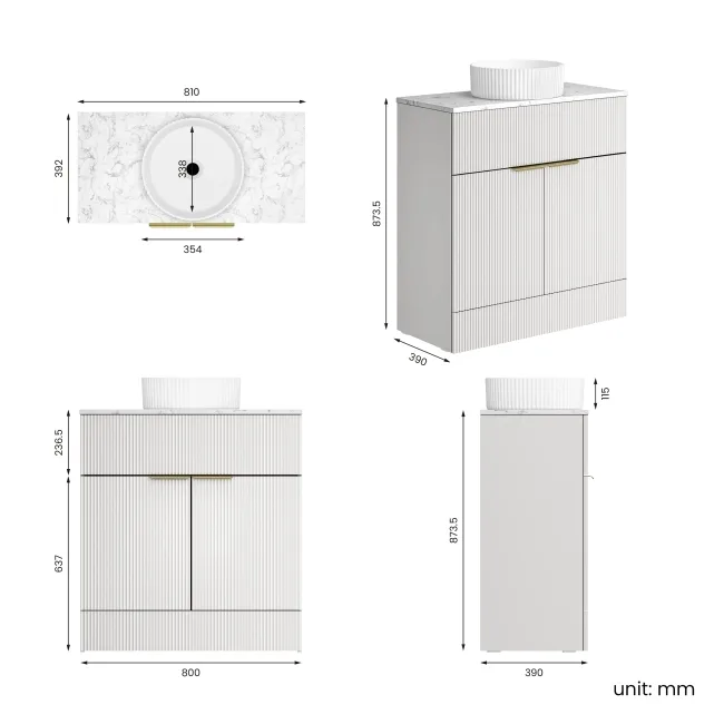 Havana Fluted Coastal White Cabinet with Marble Top & Nevis Basin 800mm - Brushed Brass Accents