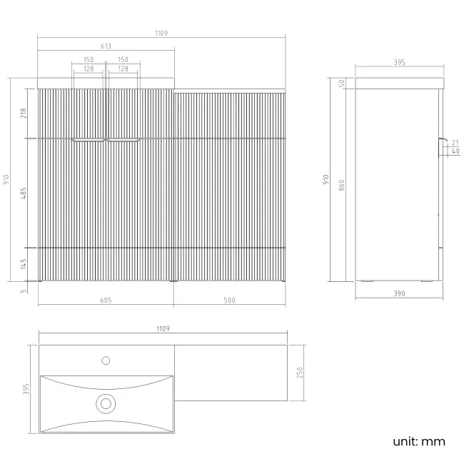 Havana Fluted Coastal White Basin Vanity and Back To Wall Toilet Unit 1100mm (Excludes Toilet) - Brushed Brass Accents