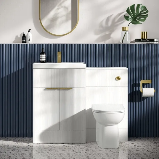 Havana Fluted Coastal White Combination Vanity Basin and Aruba Toilet 1100mm - Brushed Brass Accents