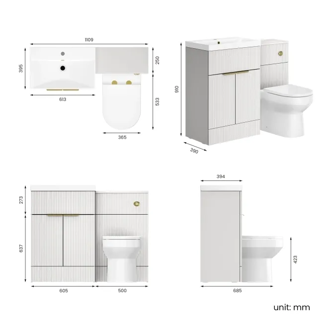 Havana Fluted Coastal White Combination Vanity Basin and Miami Toilet 1100mm - Brushed Brass Accents