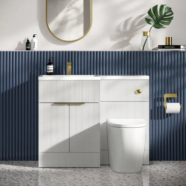 Havana Fluted Coastal White Combination Vanity Basin and Utah Comfort Height Toilet 1100mm - Brushed Brass Accents - Left Handed