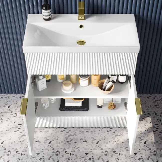 Havana Fluted Coastal White Combination Vanity Basin and Miami Toilet 1300mm - Brushed Brass Accents