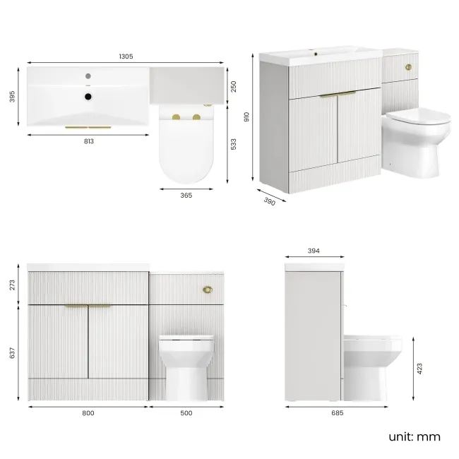 Havana Fluted Coastal White Combination Vanity Basin and Miami Toilet 1300mm - Brushed Brass Accents