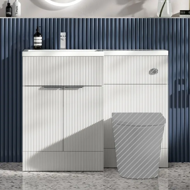 Havana Fluted Coastal White Basin Vanity and Back To Wall Toilet Unit 1100mm (Excludes Toilet) - Chrome Handles - Left Handed