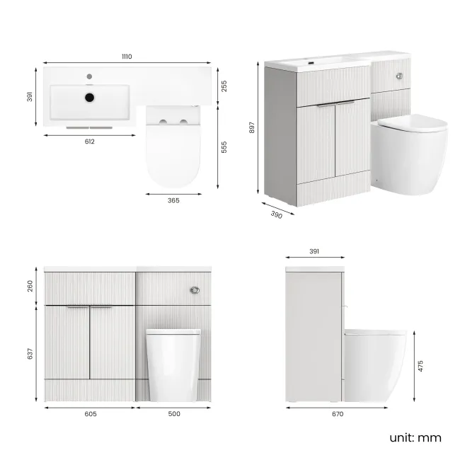 Havana Fluted Coastal White Combination Vanity Basin and Utah Comfort Height Toilet 1100mm - Chrome Handles - Left Handed