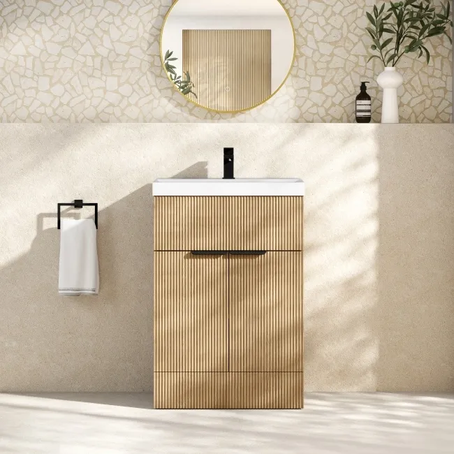 Havana Fluted Country Oak Basin Vanity 600mm - Black Accents