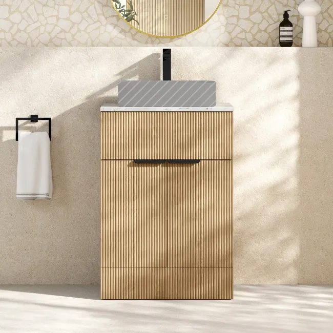 Havana Fluted Country Oak Cabinet with Marble Top 600mm (Excludes Counter Top Basin) - Black Accents