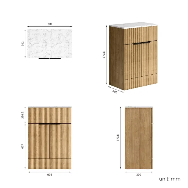 Havana Fluted Country Oak Cabinet with Marble Top 600mm (Excludes Counter Top Basin) - Black Accents