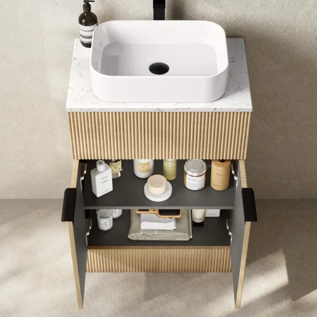 Havana Fluted Country Oak Cabinet with Marble Top & Marin Basin 600mm - Black Accents