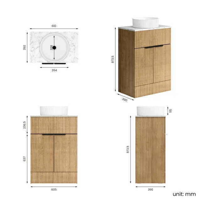 Havana Fluted Country Oak Cabinet with Marble Top & Nevis Basin 600mm - Black Accents