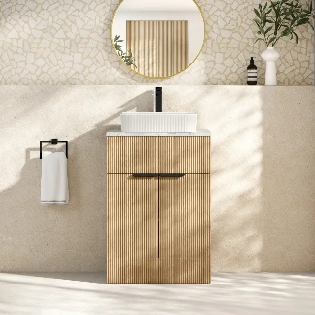 Havana Fluted Country Oak Cabinet with Marble Top & Reno Basin 600mm - Black Accents