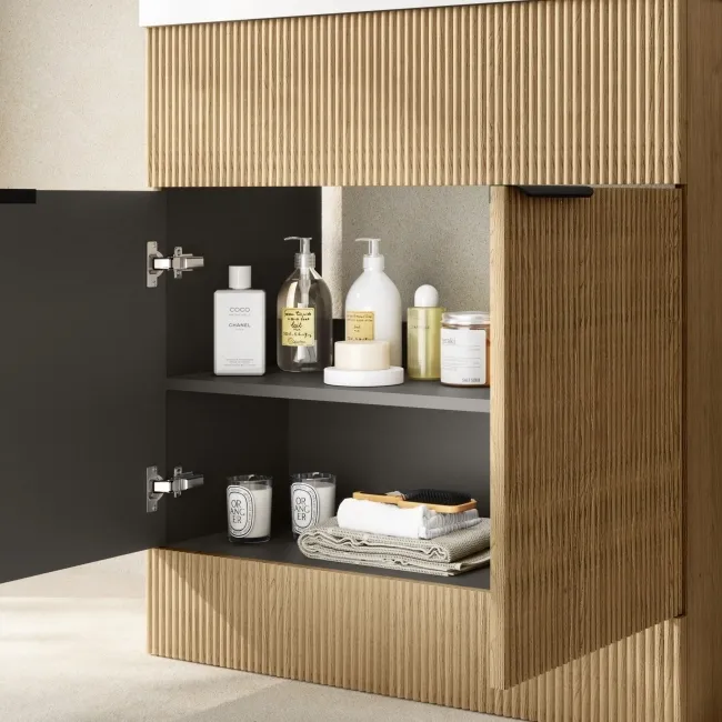 Havana Fluted Country Oak Basin Vanity 800mm - Black Accents