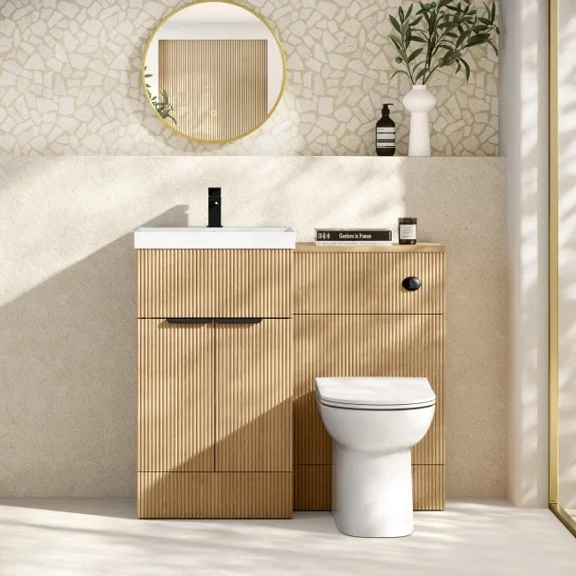 Havana Fluted Country Oak Combination Vanity Basin and Aruba Toilet 1000mm - Black Accents