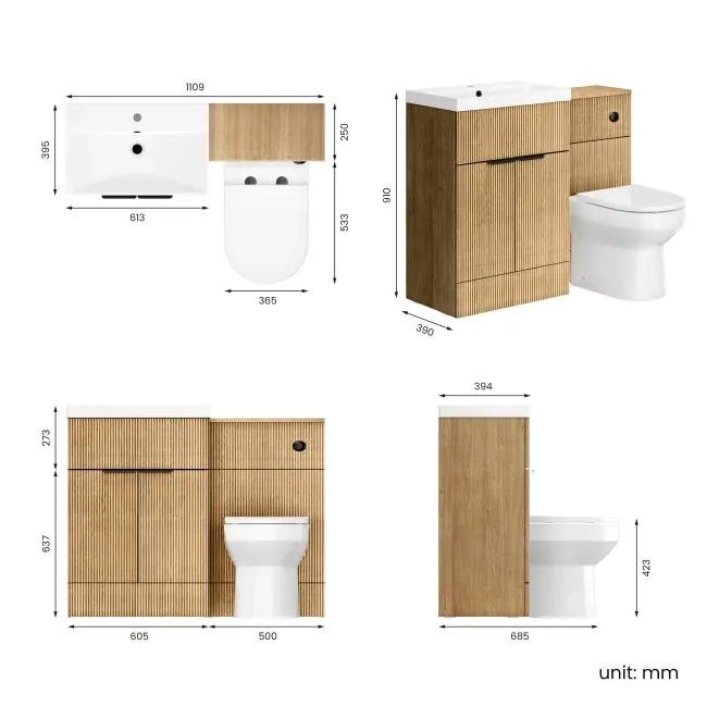 Havana Fluted Country Oak Combination Vanity Basin and Miami Toilet 1100mm - Black Accents