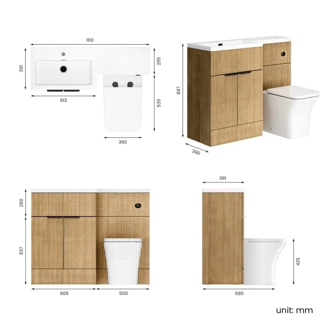 Havana Fluted Country Oak Combination Vanity Basin and Houston Toilet 1100mm - Black Accents - Left Handed