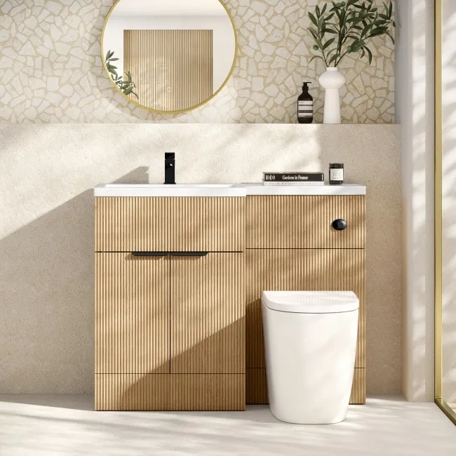 Havana Fluted Country Oak Combination Vanity Basin and Utah Comfort Height Toilet 1100mm - Black Accents - Left Handed