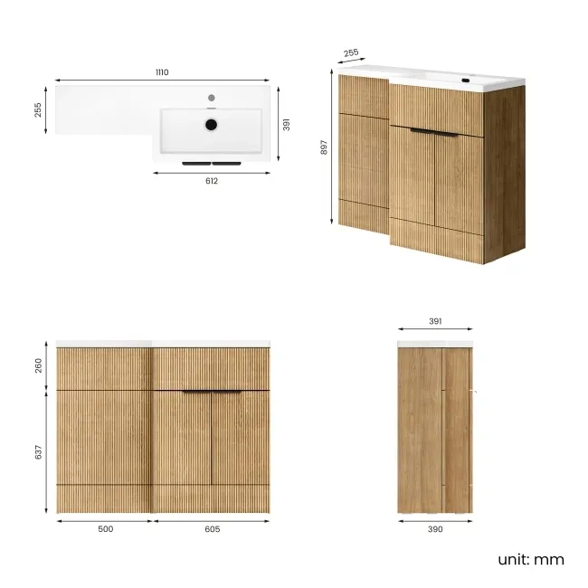 Havana Fluted Country Oak Basin Vanity and Back To Wall Toilet Unit 1100mm (Excludes Toilet) - Black Accents - Right Handed