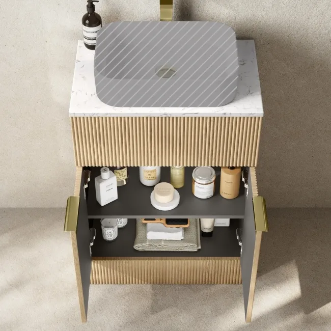 Havana Fluted Country Oak Cabinet with Marble Top 600mm (Excludes Counter Top Basin) - Brushed Brass Accents