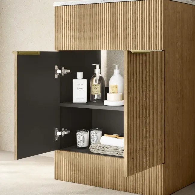 Havana Fluted Country Oak Cabinet with Marble Top 600mm (Excludes Counter Top Basin) - Brushed Brass Accents