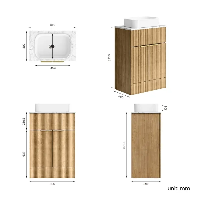Havana Fluted Country Oak Cabinet with Marble Top & Marin Basin 600mm - Brushed Brass Accents