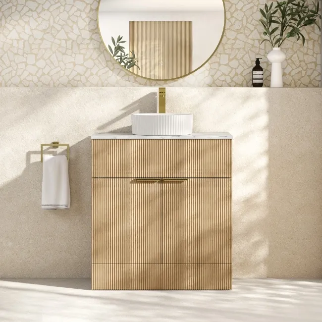 Havana Fluted Country Oak Cabinet with Marble Top & Nevis Basin 800mm - Brushed Brass Accents