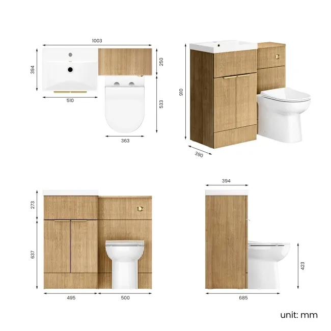 Havana Fluted Country Oak Combination Vanity Basin and Aruba Toilet 1000mm - Brushed Brass Accents