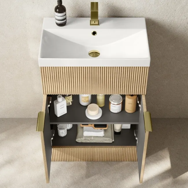 Havana Fluted Country Oak Basin Vanity and Back To Wall Toilet Unit 1100mm (Excludes Toilet) - Brushed Brass Accents