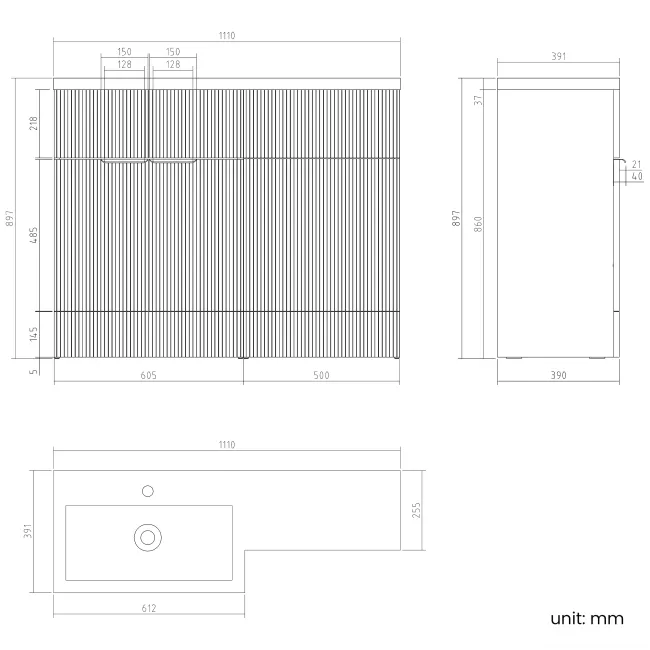 Havana Fluted Country Oak Basin Vanity and Back To Wall Toilet Unit 1100mm (Excludes Toilet) - Brushed Brass Accents - Left Handed