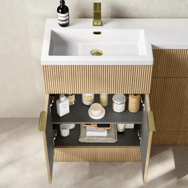 Havana Fluted Country Oak Combination Vanity Basin and Utah Comfort Height Toilet 1100mm - Brushed Brass Accents - Left Handed