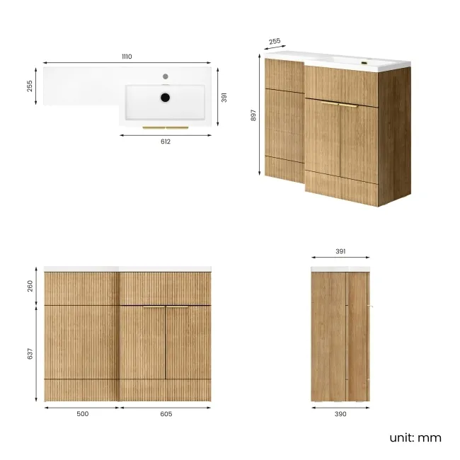 Havana Fluted Country Oak Basin Vanity and Back To Wall Toilet Unit 1100mm (Excludes Toilet) - Brushed Brass Accents - Right Handed