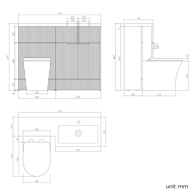 Havana Fluted Country Oak Combination Vanity Basin and Tucson Toilet 1100mm - Brushed Brass Accents - Right Handed