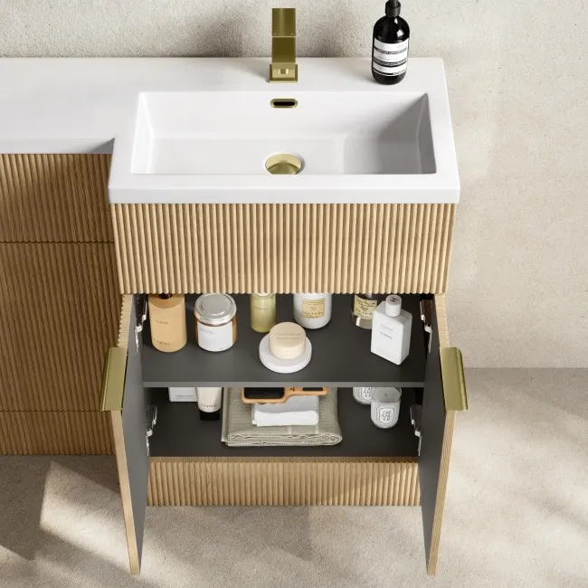 Havana Fluted Country Oak Combination Vanity Basin and Houston Toilet 1100mm - Brushed Brass Accents - Right Handed