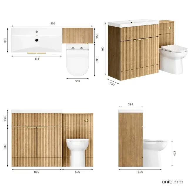 Havana Fluted Country Oak Combination Vanity Basin and Aruba Toilet 1300mm - Brushed Brass Accents