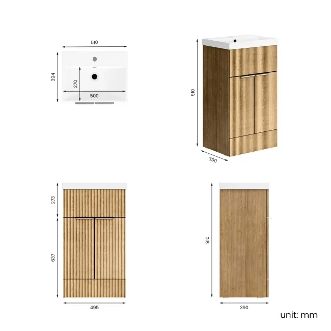 Havana Fluted Country Oak Basin Vanity 500mm - Chrome Handles