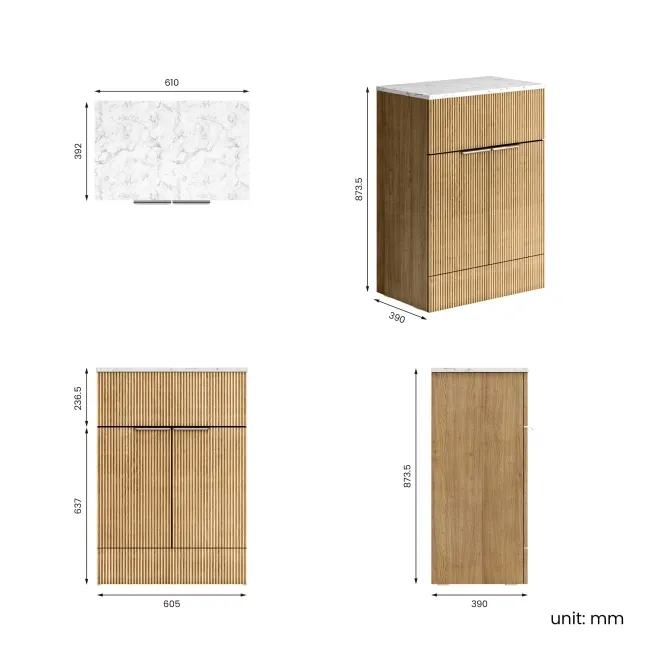 Havana Fluted Country Oak Cabinet with Marble Top 600mm (Excludes Counter Top Basin) - Chrome Handles