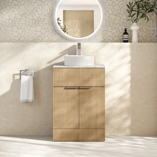 Havana Fluted Country Oak Cabinet with Marble Top & Nevis Basin 600mm - Chrome Handles