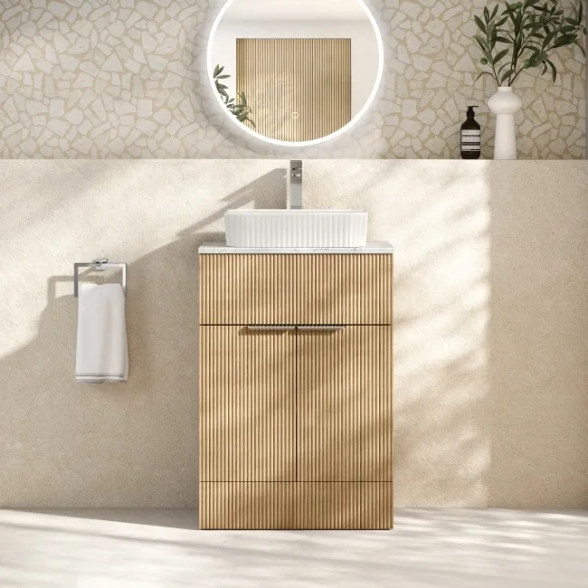 Havana Fluted Country Oak Cabinet with Marble Top & Reno Basin 600mm - Chrome Handles