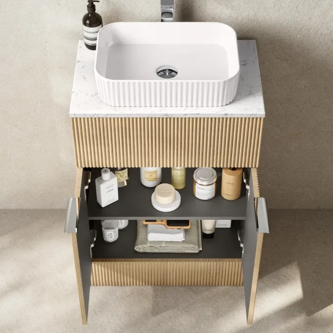 Havana Fluted Country Oak Cabinet with Marble Top & Reno Basin 600mm - Chrome Handles
