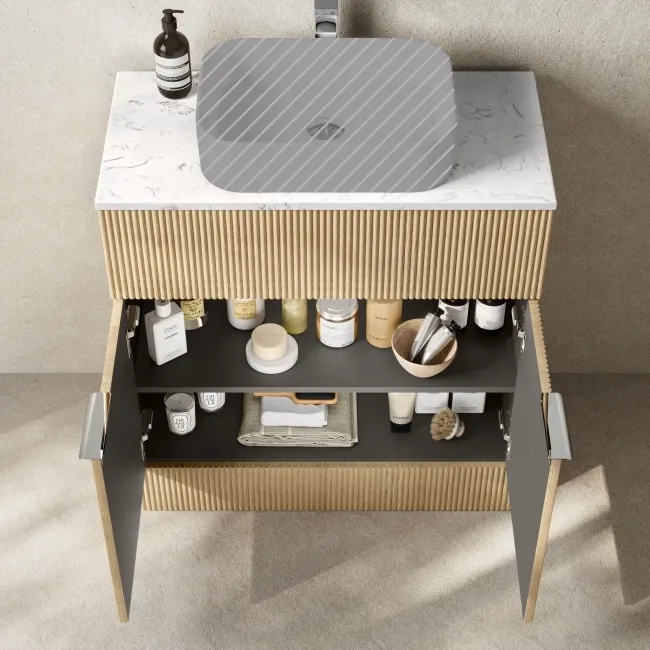 Havana Fluted Country Oak Cabinet with Marble Top 800mm (Excludes Counter Top Basin) - Chrome Handles