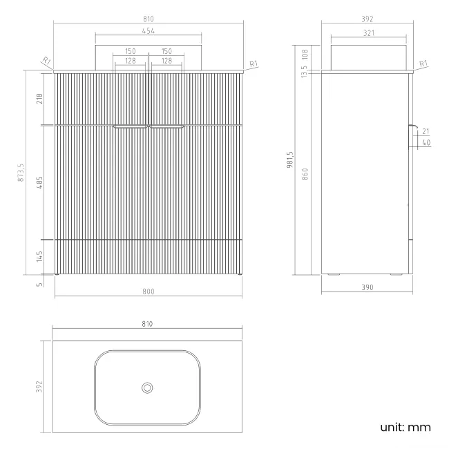 Havana Fluted Country Oak Cabinet with Marble Top & Marin Basin 800mm - Chrome Handles