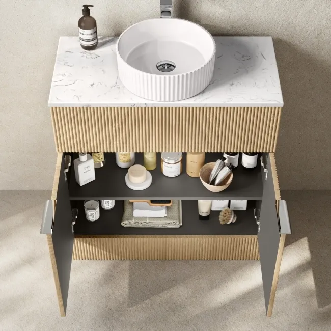 Havana Fluted Country Oak Cabinet with Marble Top & Nevis Basin 800mm - Chrome Handles